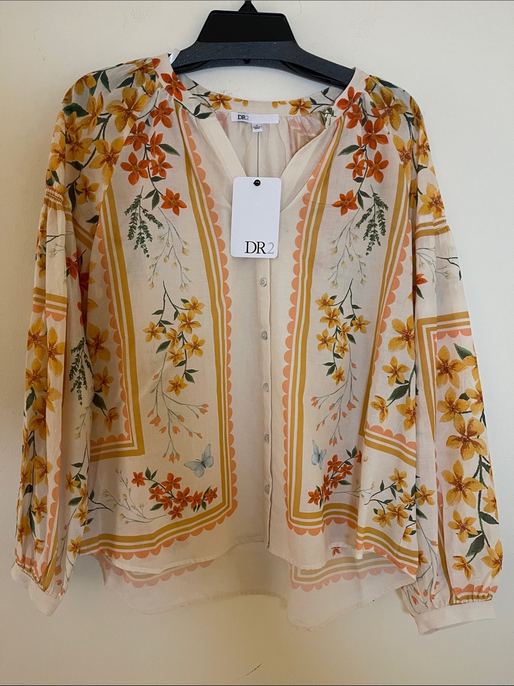 DR2 Cream Floral Button-Front Blouse with Yellow & Orange Accents